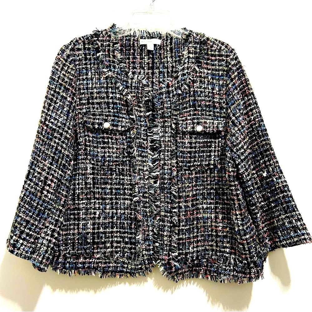 C Est. 1946 Women’s Black Plaid Tweed Open Collarless Blazer Tweed Jacket